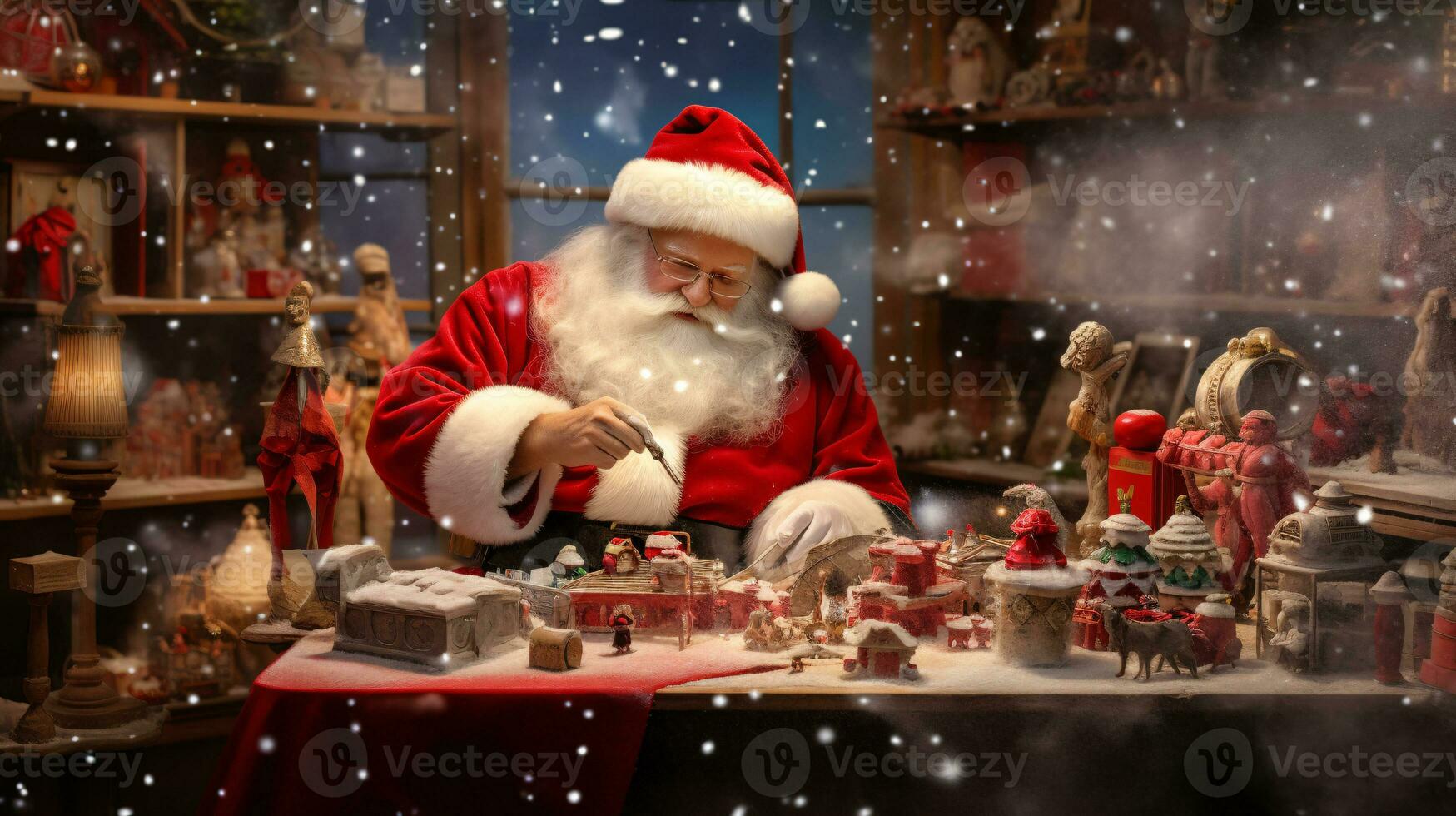 ai generative Santa in his workshop building, tinkering on toys photo