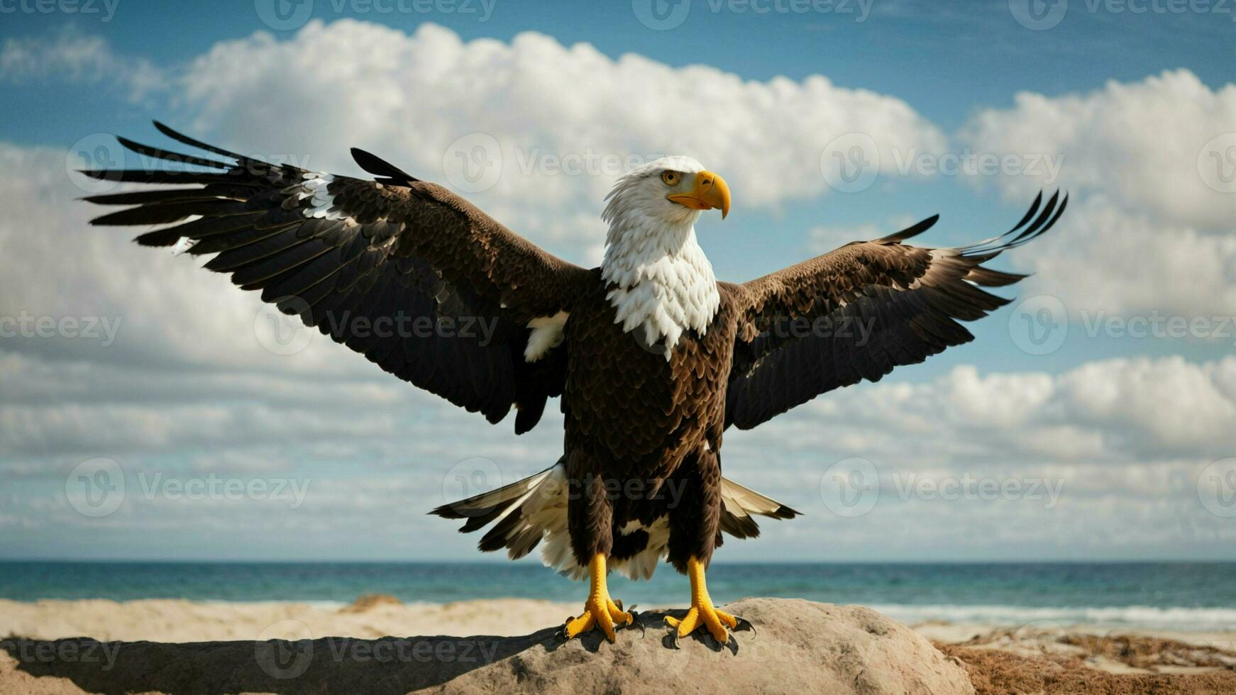 A beautiful summer day with blue sky and a lone Steller's sea eagle over the beach AI Generative photo