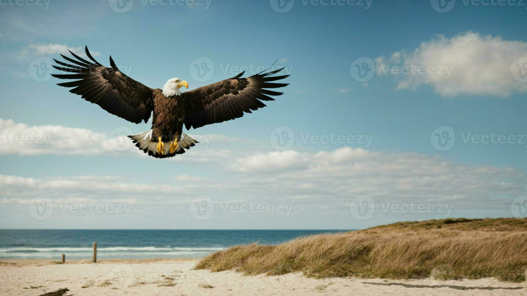 un hermosa verano día con azul cielo y un solitario de Steller mar águila terminado el playa ai generativo foto