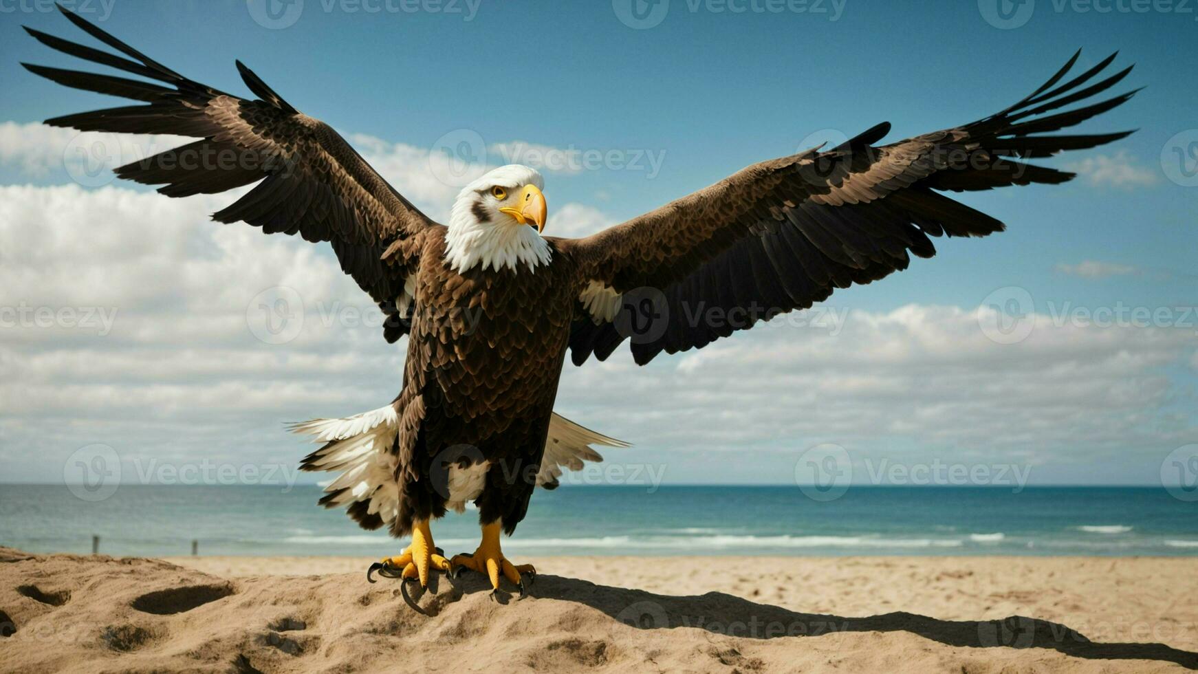 A beautiful summer day with blue sky and a lone Steller's sea eagle over the beach AI Generative photo
