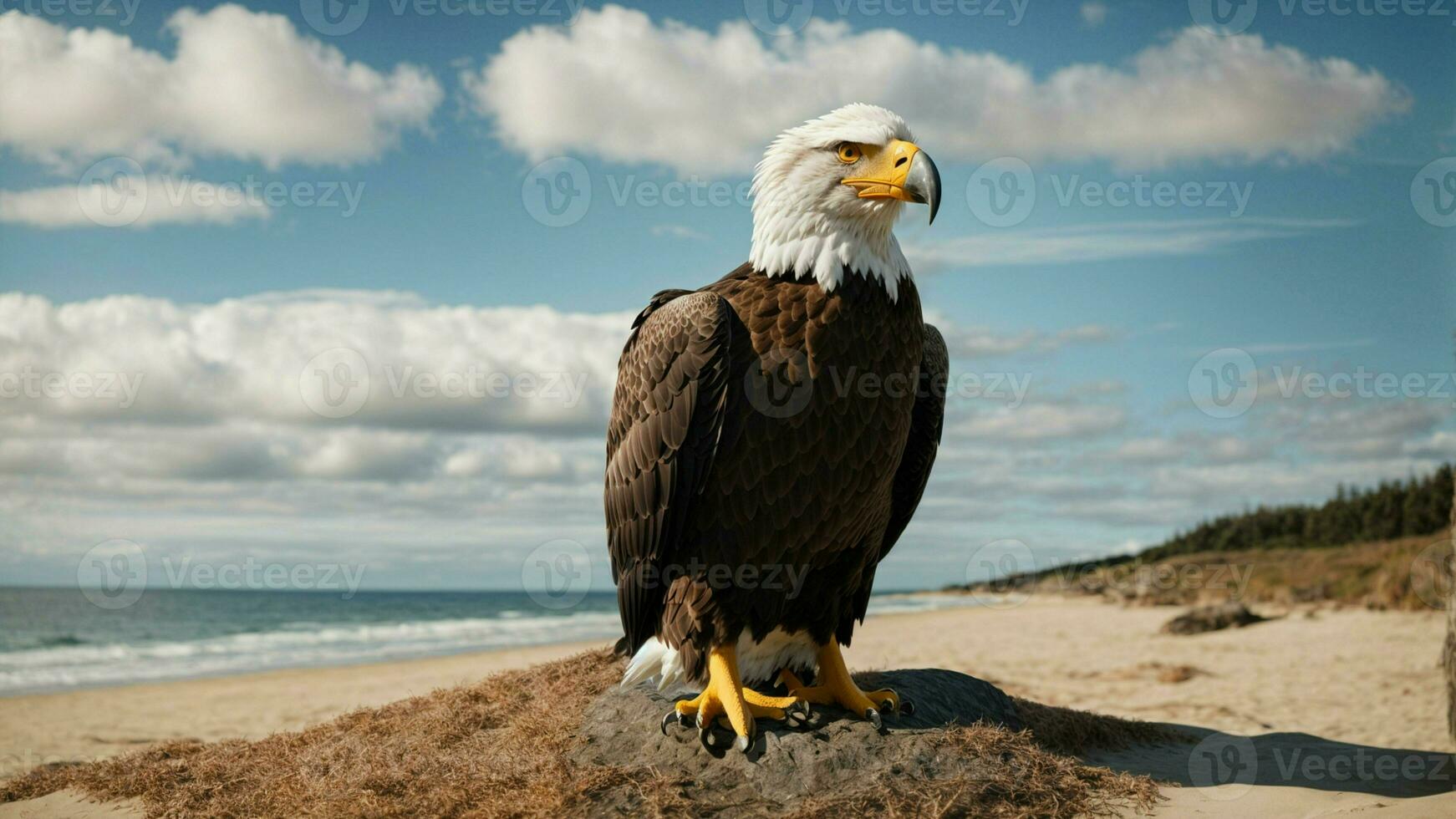 A beautiful summer day with blue sky and a lone Steller's sea eagle over the beach AI Generative photo