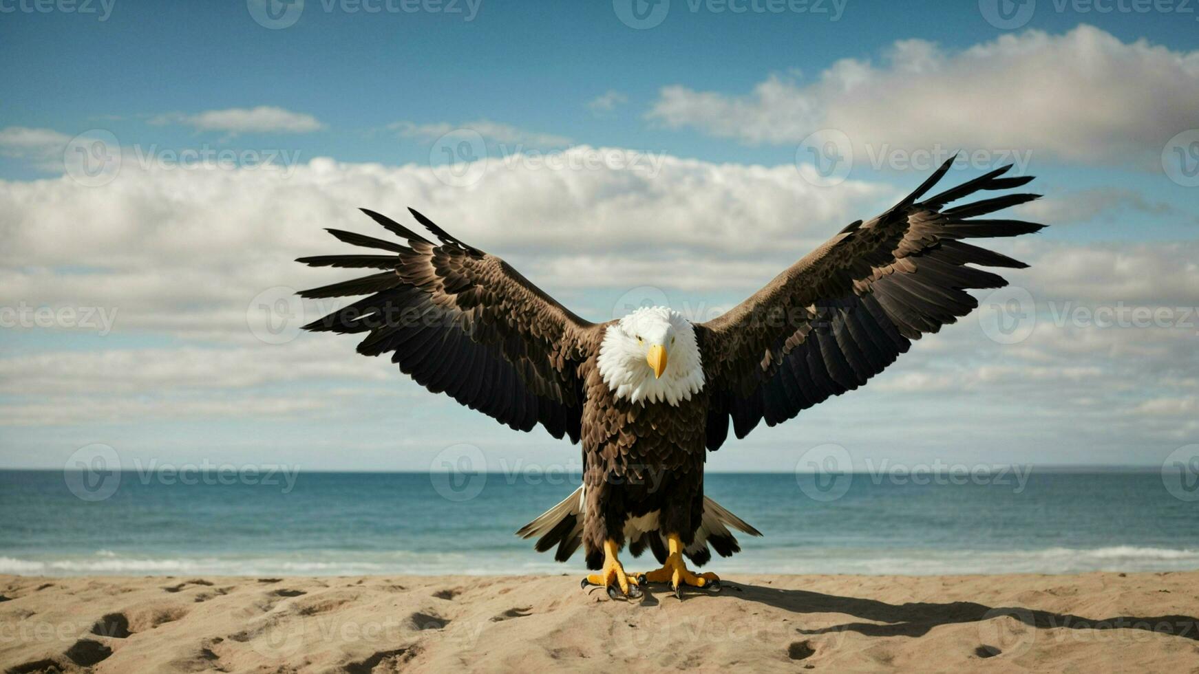 A beautiful summer day with blue sky and a lone Steller's sea eagle over the beach AI Generative photo