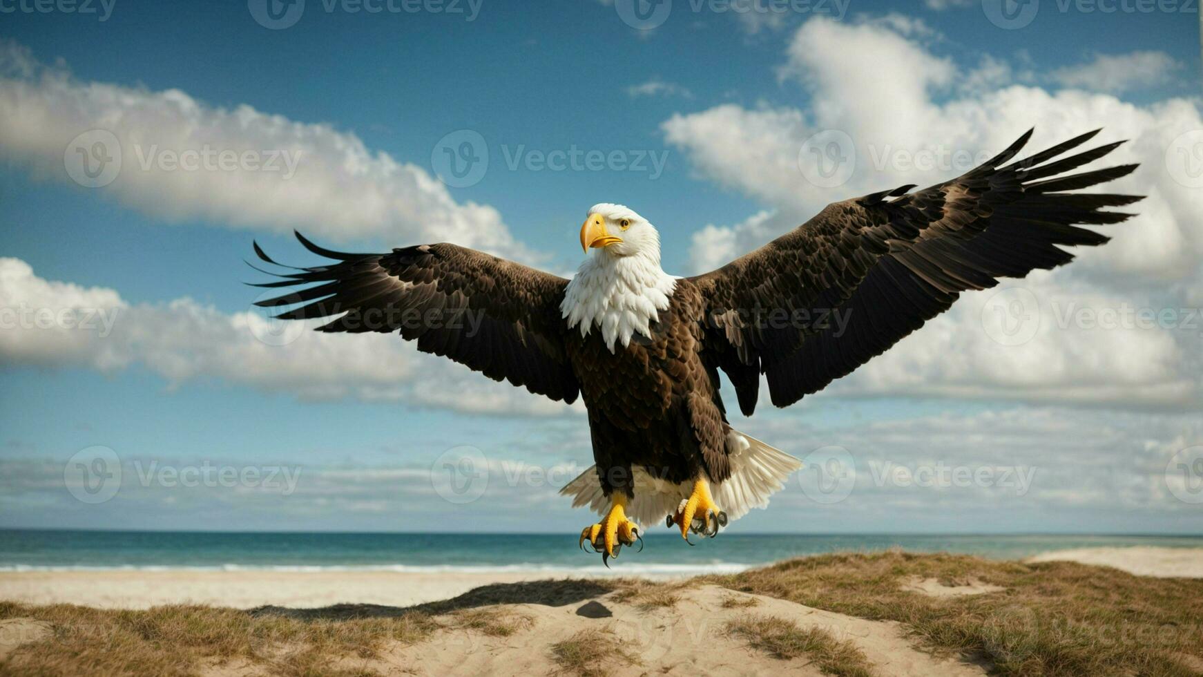 un hermosa verano día con azul cielo y un solitario de Steller mar águila terminado el playa ai generativo foto