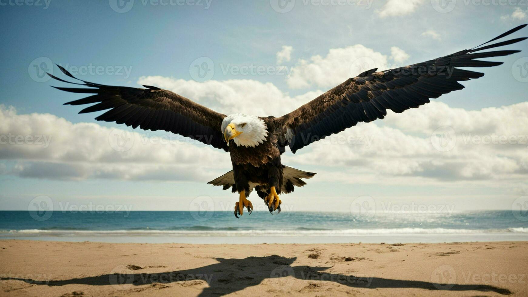 A beautiful summer day with blue sky and a lone Steller's sea eagle over the beach AI Generative photo