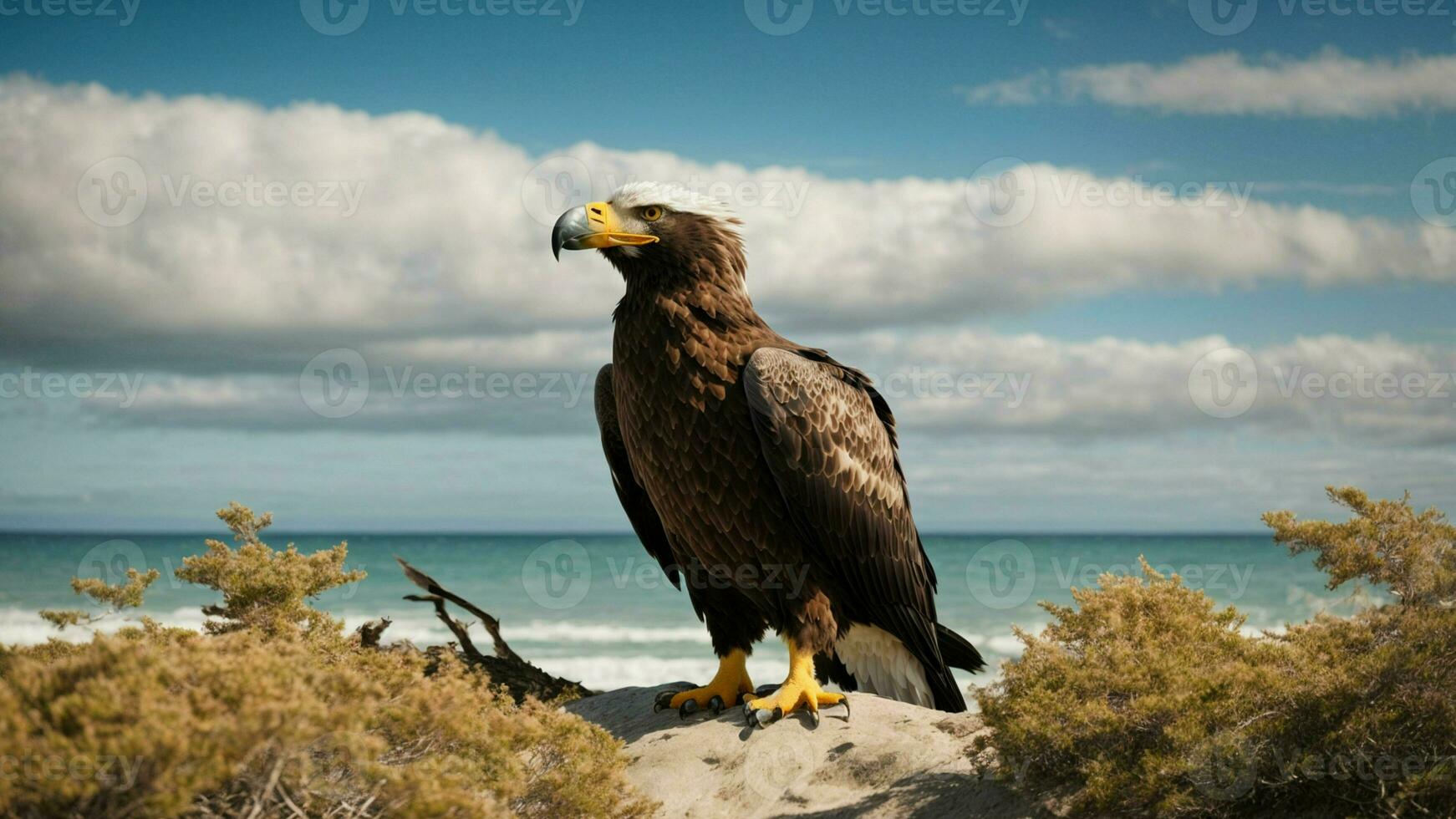 A beautiful summer day with blue sky and a lone Steller's sea eagle over the beach AI Generative photo