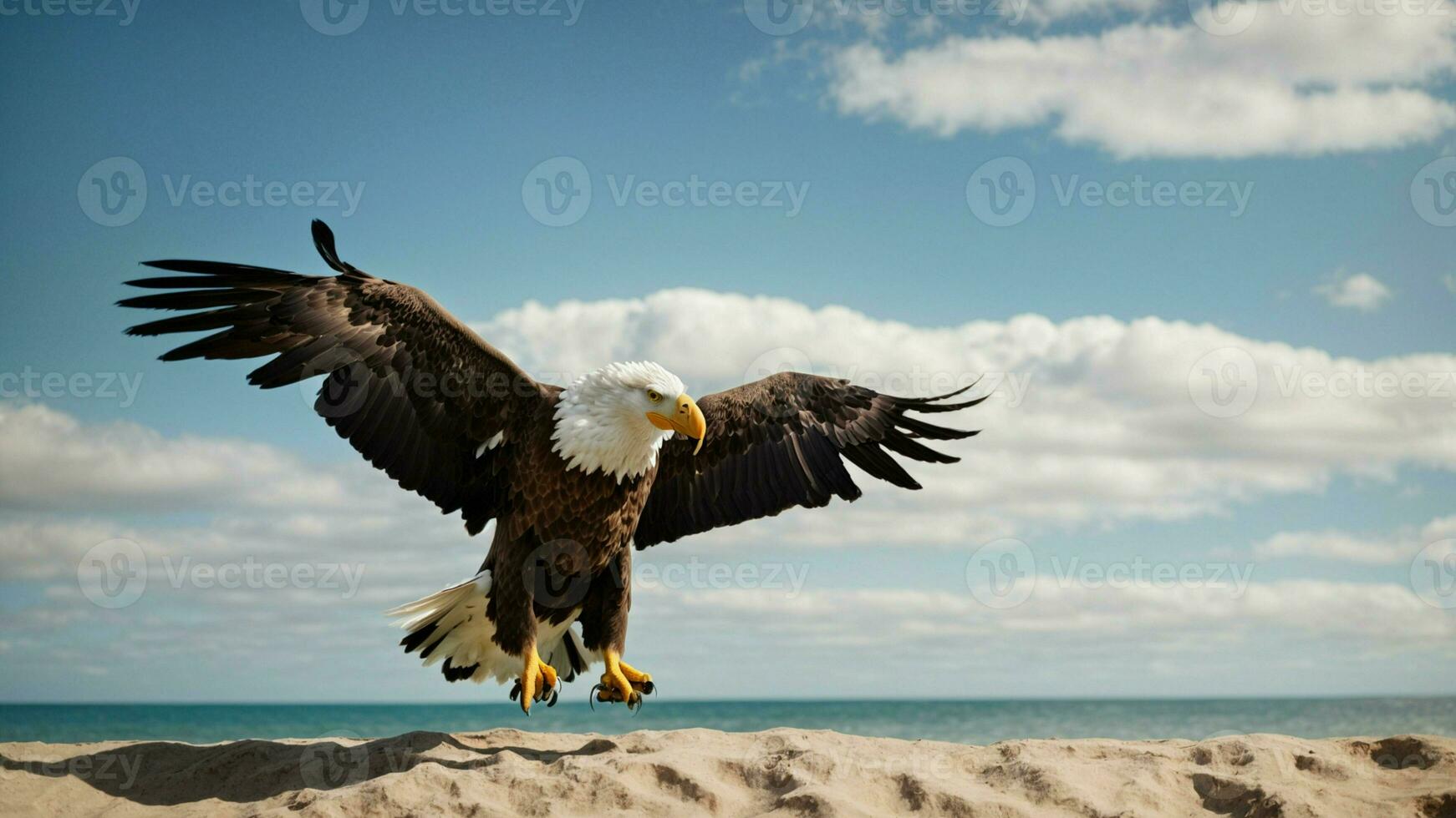 A beautiful summer day with blue sky and a lone Steller's sea eagle over the beach AI Generative photo