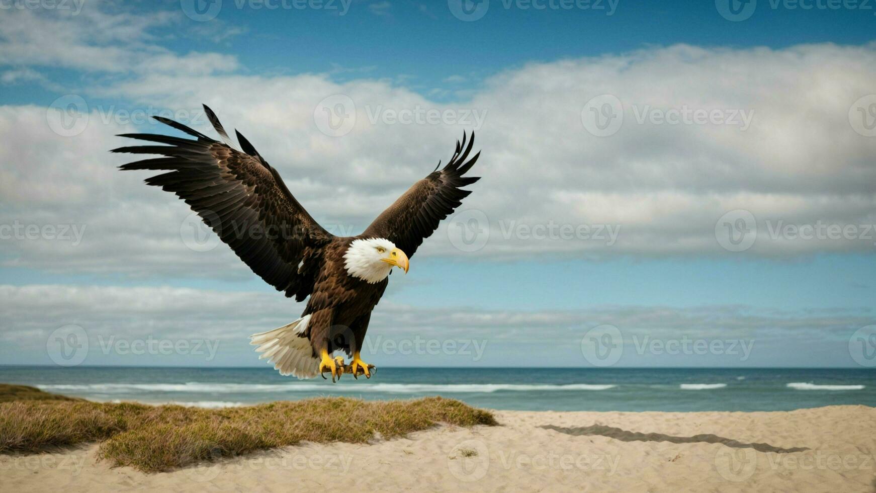 un hermosa verano día con azul cielo y un solitario de Steller mar águila terminado el playa ai generativo foto