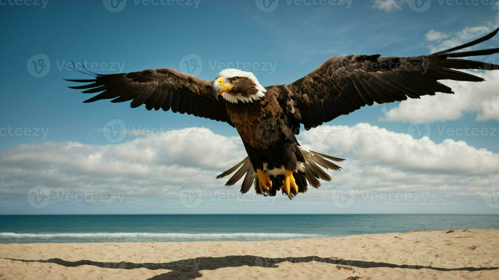 A beautiful summer day with blue sky and a lone Steller's sea eagle over the beach AI Generative photo