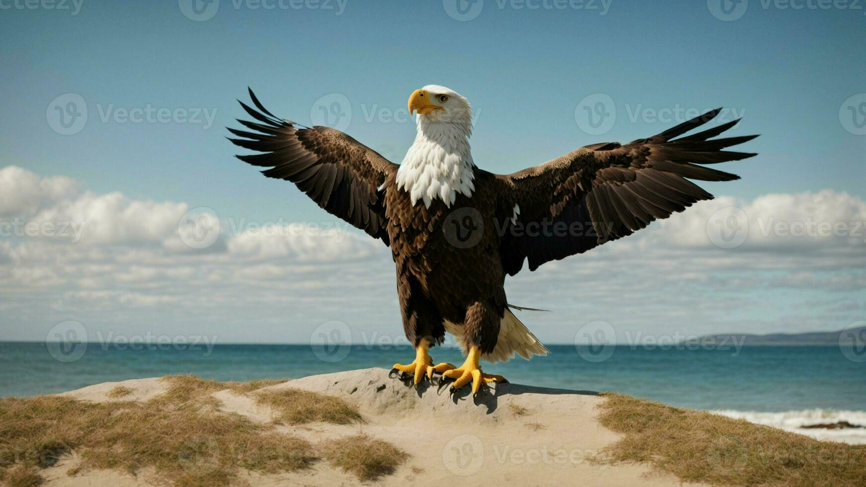 A beautiful summer day with blue sky and a lone Steller's sea eagle over the beach AI Generative photo