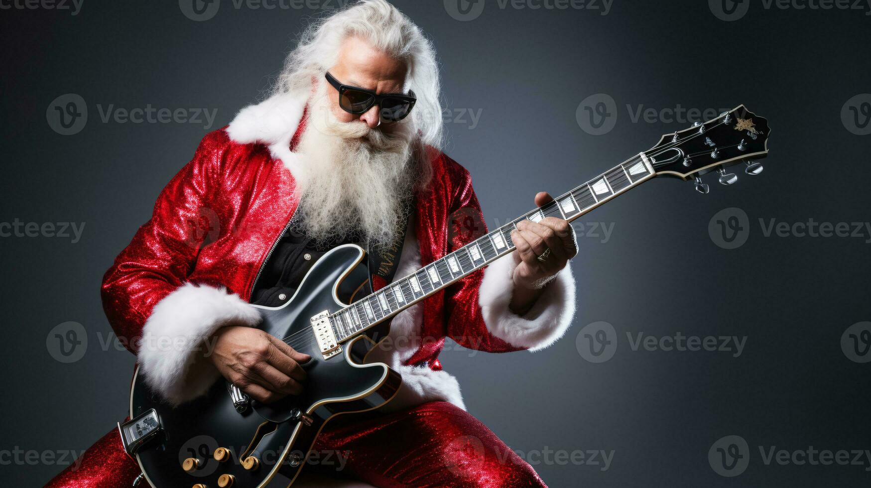 ai generative Cool hipster santa on bass guitar at party with sunglasses photo