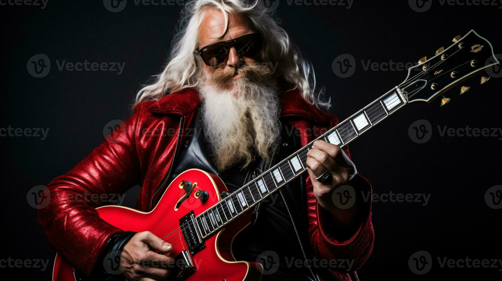 ai generative Cool hipster santa on bass guitar at party with sunglasses photo