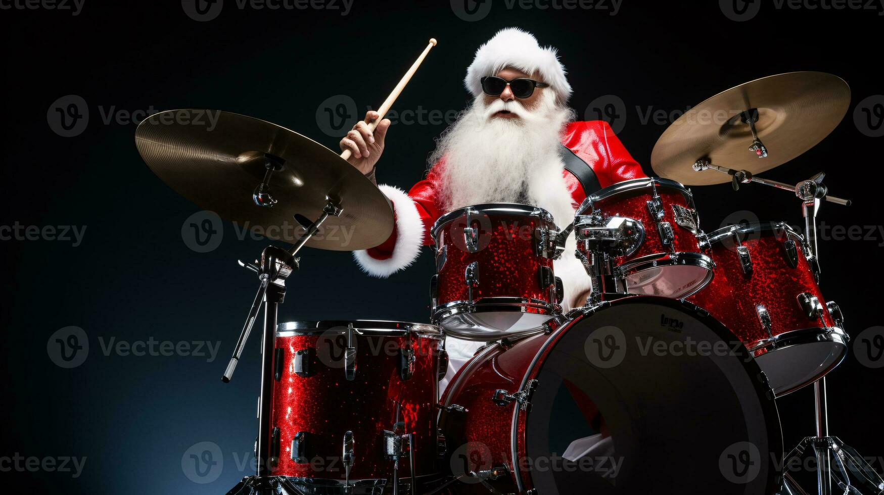 ai generative  Cool santa with sunglasses playing the drums, making a party photo