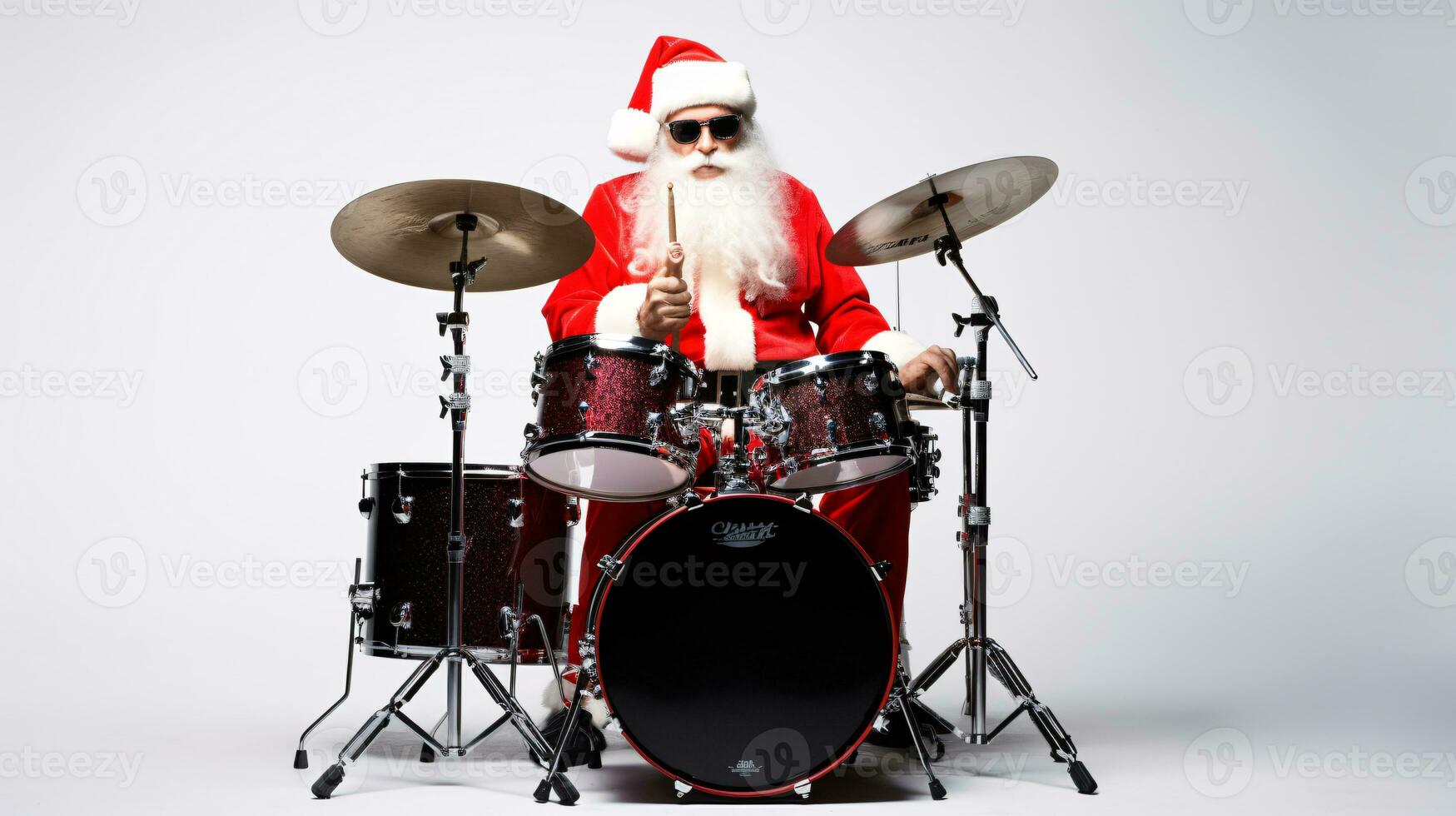 ai generative  Cool santa with sunglasses playing the drums, making a party photo