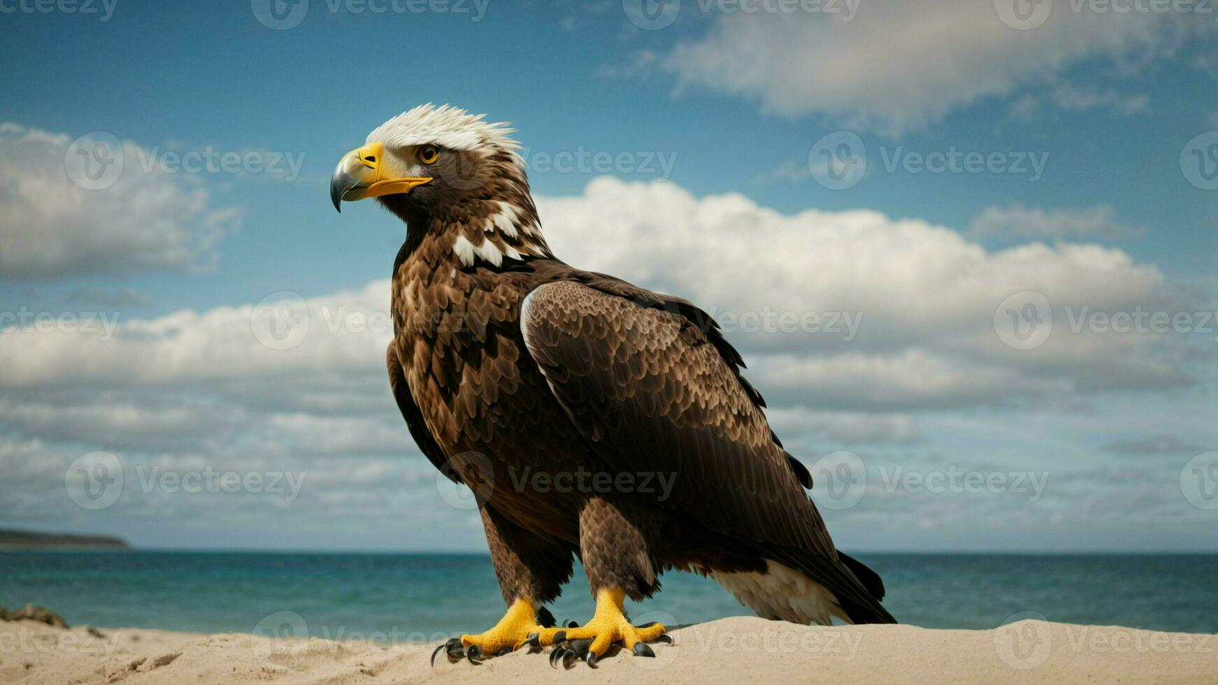 A beautiful summer day with blue sky and a lone Steller's sea eagle over the beach AI Generative photo