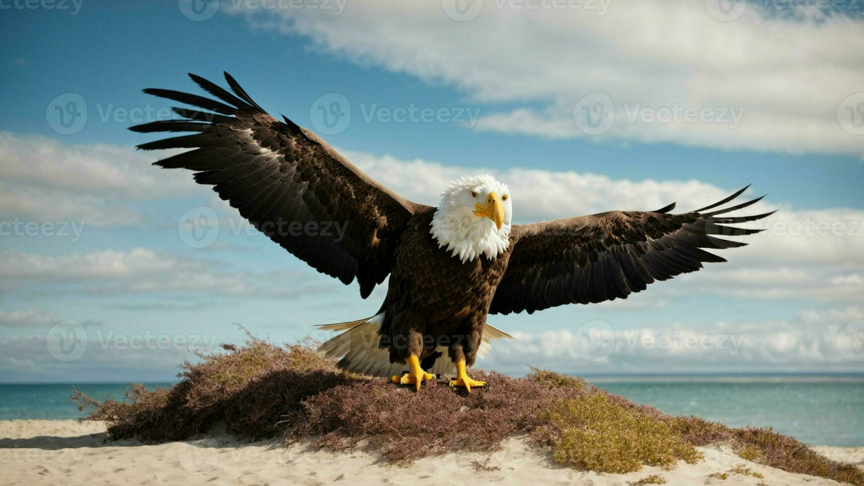A beautiful summer day with blue sky and a lone Steller's sea eagle over the beach AI Generative photo