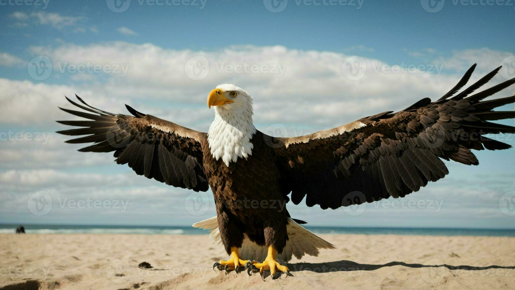 A beautiful summer day with blue sky and a lone Steller's sea eagle over the beach AI Generative photo