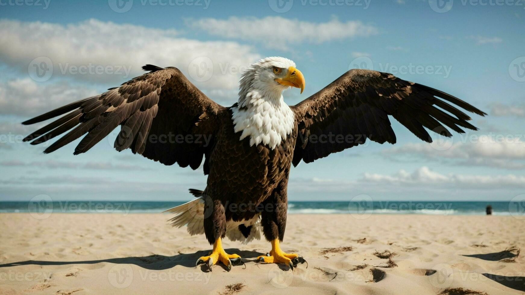 A beautiful summer day with blue sky and a lone Steller's sea eagle over the beach AI Generative photo