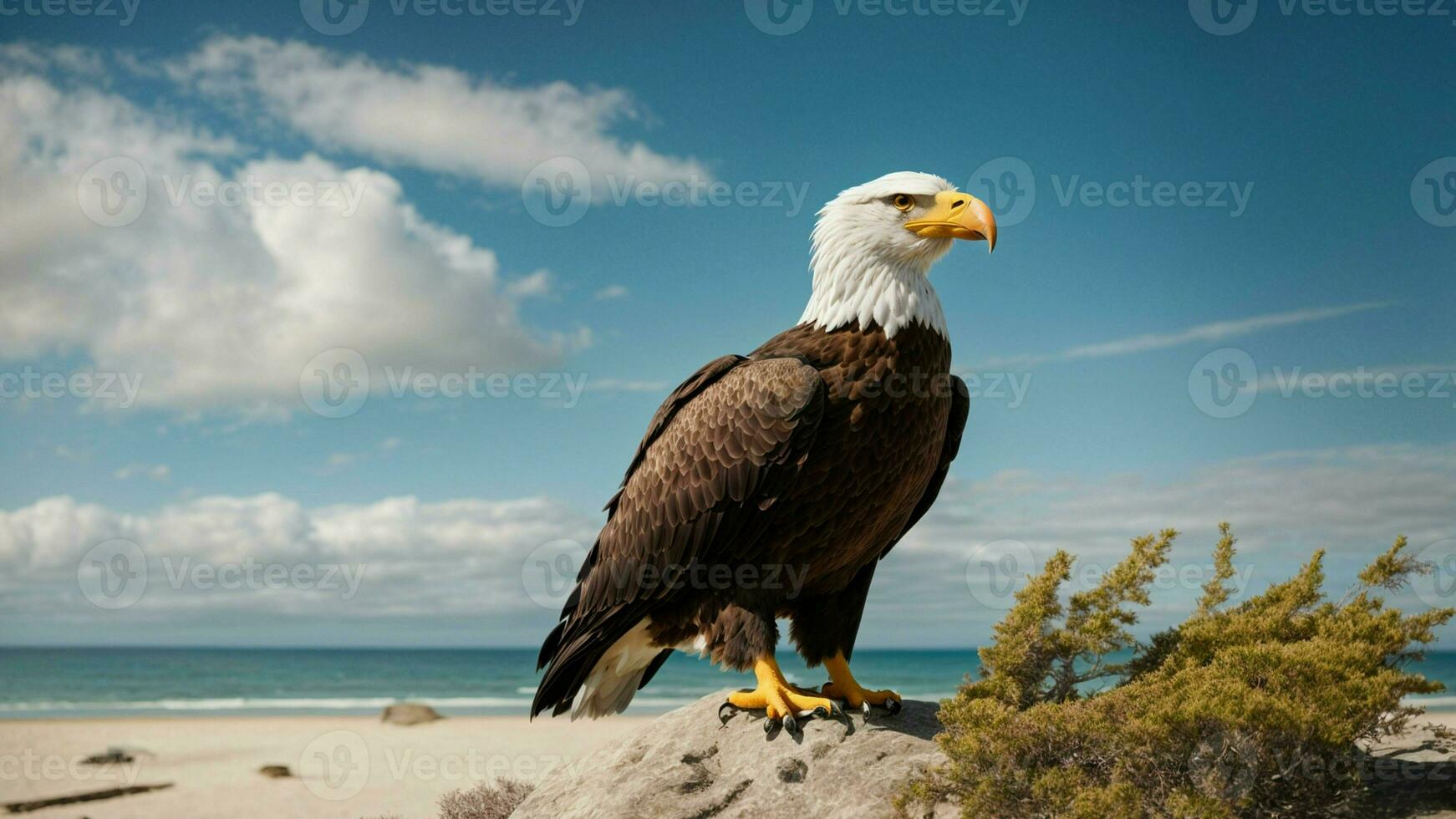 A beautiful summer day with blue sky and a lone Steller's sea eagle over the beach AI Generative photo