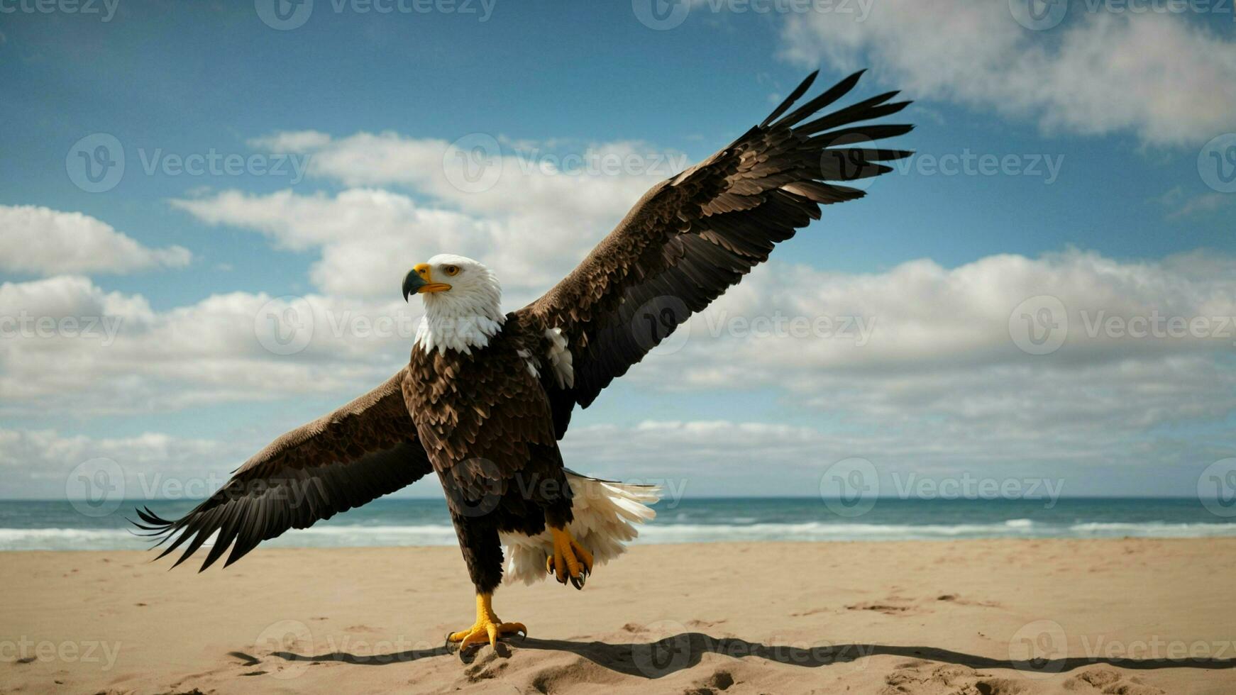 un hermosa verano día con azul cielo y un solitario de Steller mar águila terminado el playa ai generativo foto