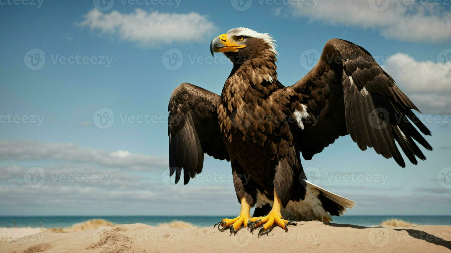 un hermosa verano día con azul cielo y un solitario de Steller mar águila terminado el playa ai generativo foto