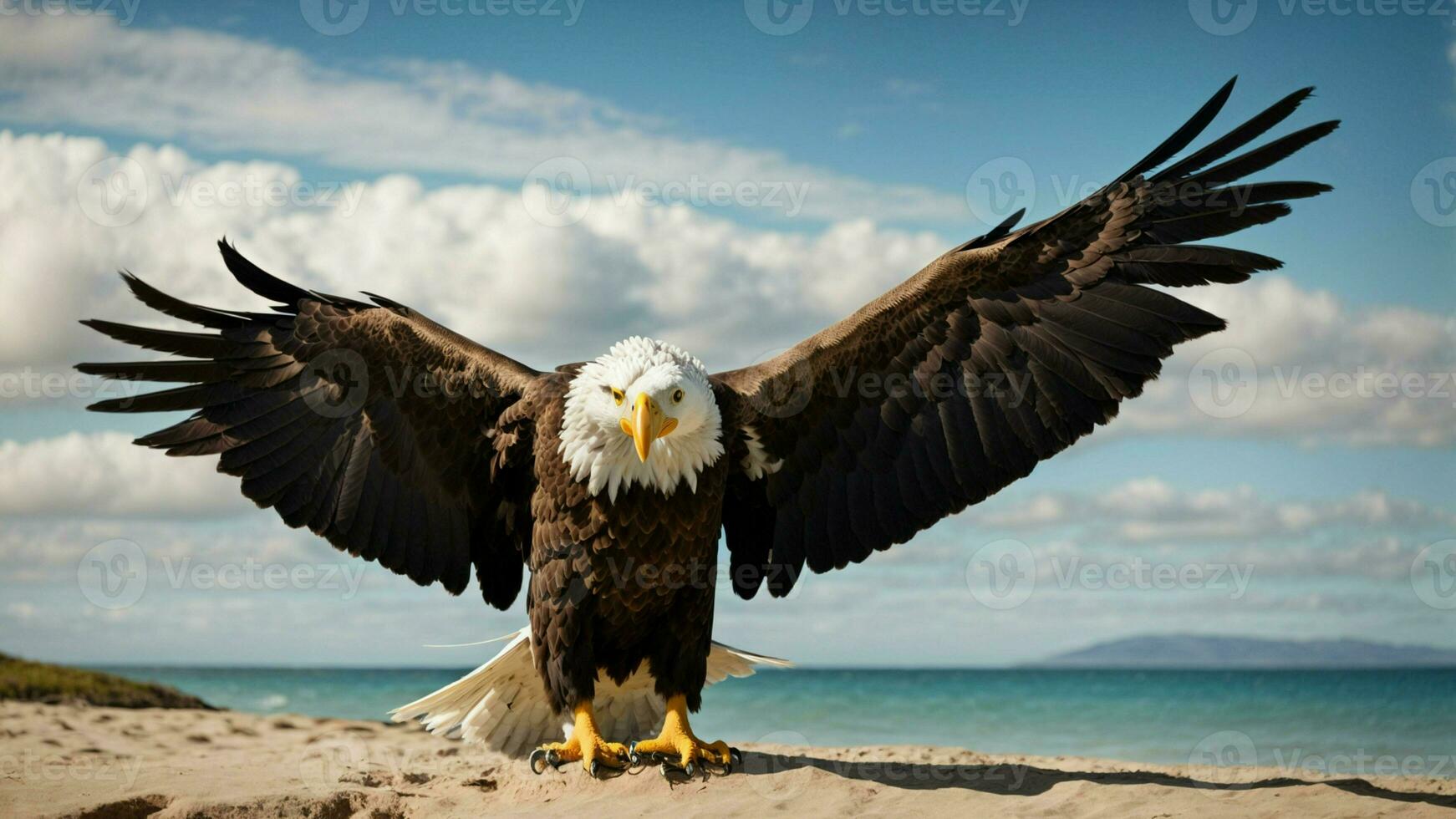 A beautiful summer day with blue sky and a lone Steller's sea eagle over the beach AI Generative photo