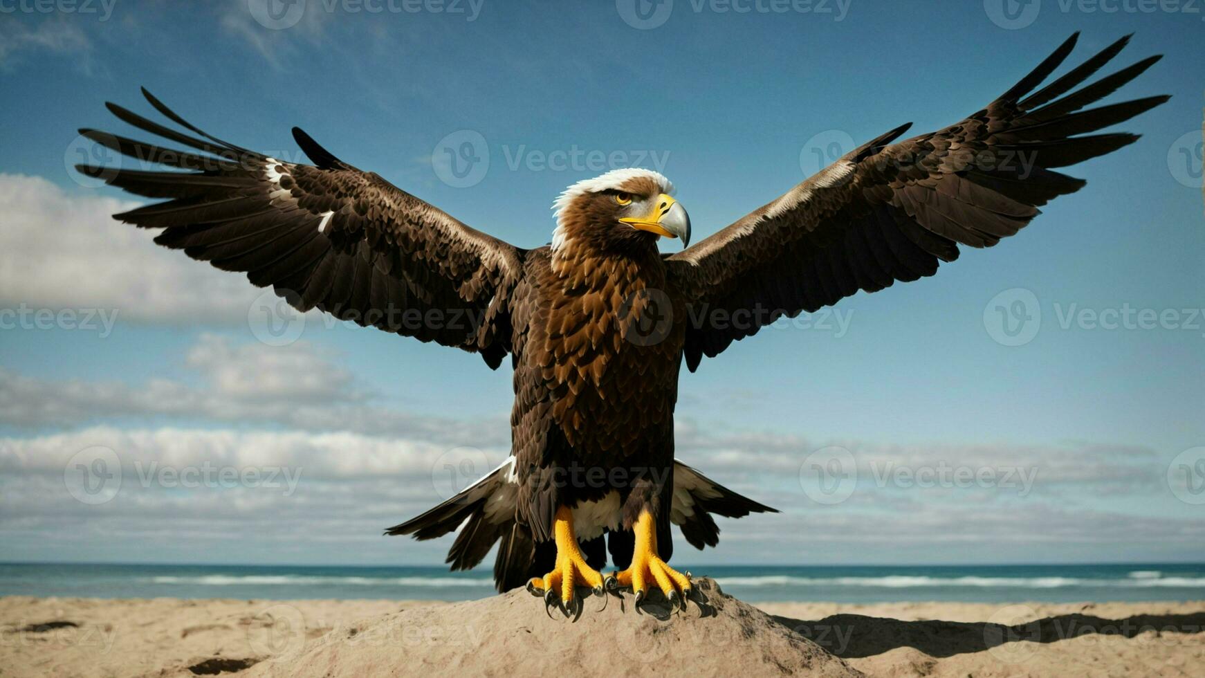 un hermosa verano día con azul cielo y un solitario de Steller mar águila terminado el playa ai generativo foto