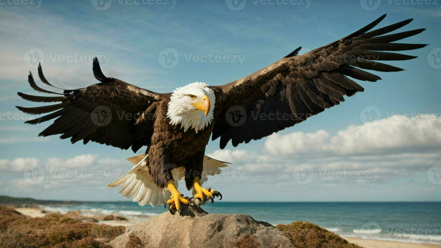 un hermosa verano día con azul cielo y un solitario de Steller mar águila terminado el playa ai generativo foto