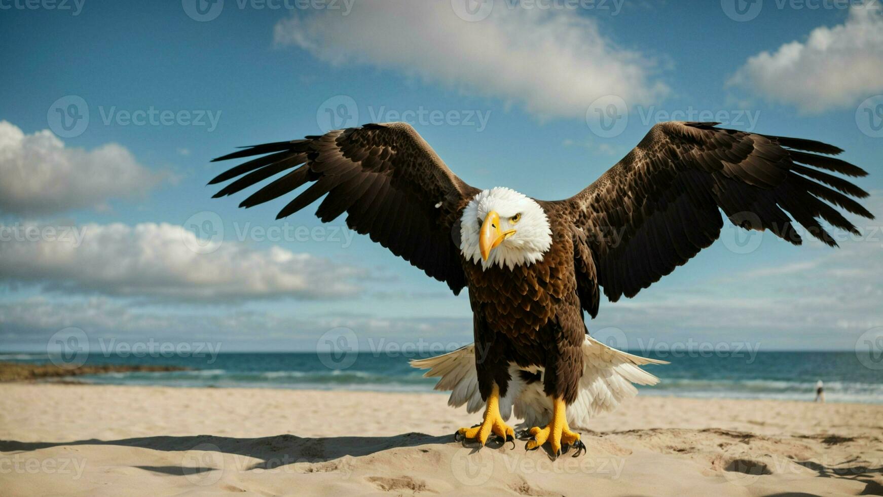 A beautiful summer day with blue sky and a lone Steller's sea eagle over the beach AI Generative photo