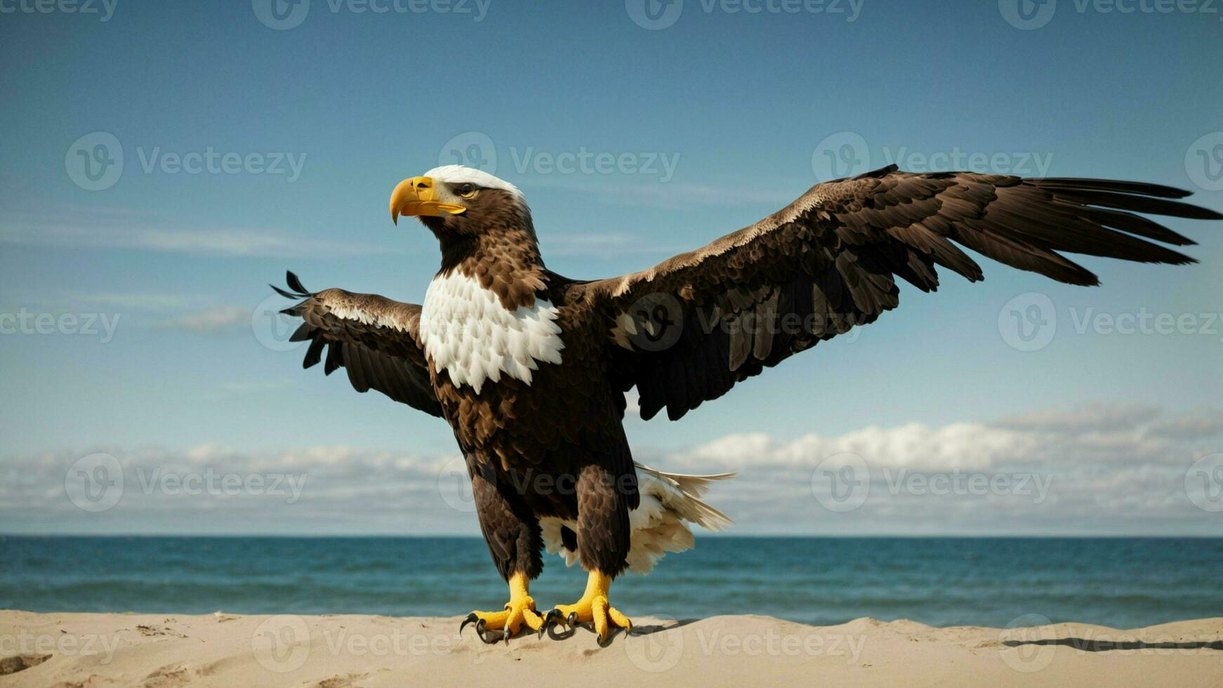 A beautiful summer day with blue sky and a lone Steller's sea eagle over the beach AI Generative photo