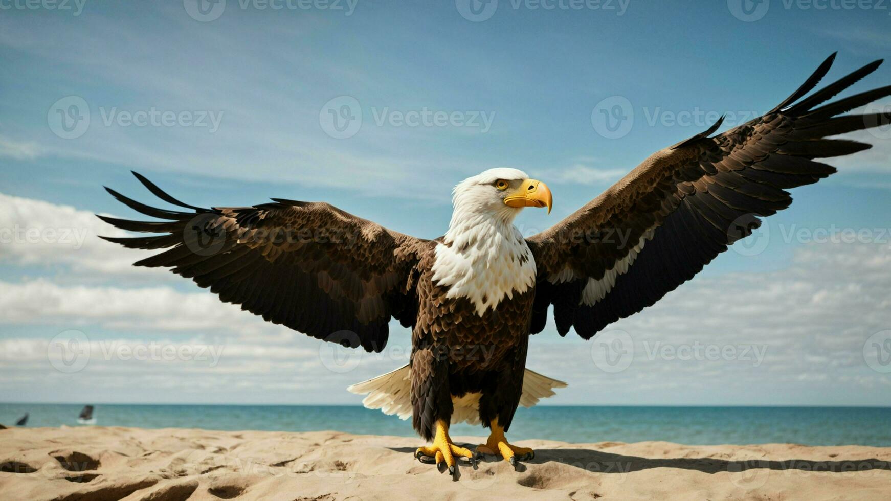 A beautiful summer day with blue sky and a lone Steller's sea eagle over the beach AI Generative photo