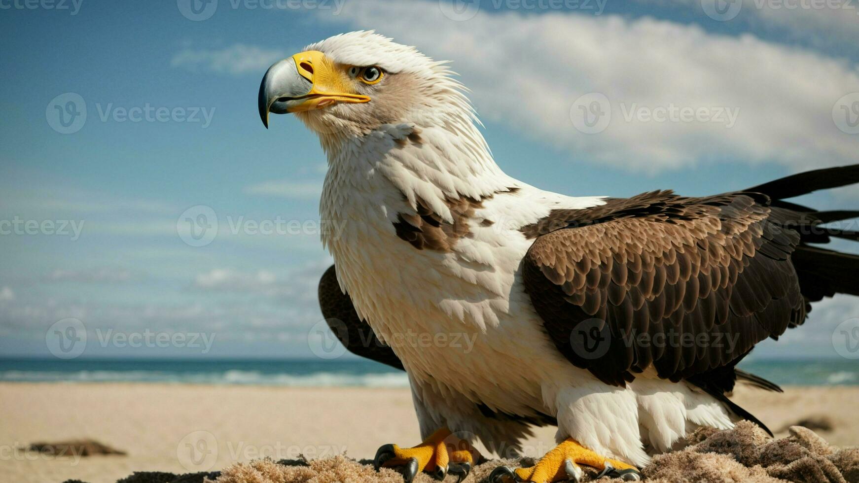 A beautiful summer day with blue sky and a lone Steller's sea eagle over the beach AI Generative photo