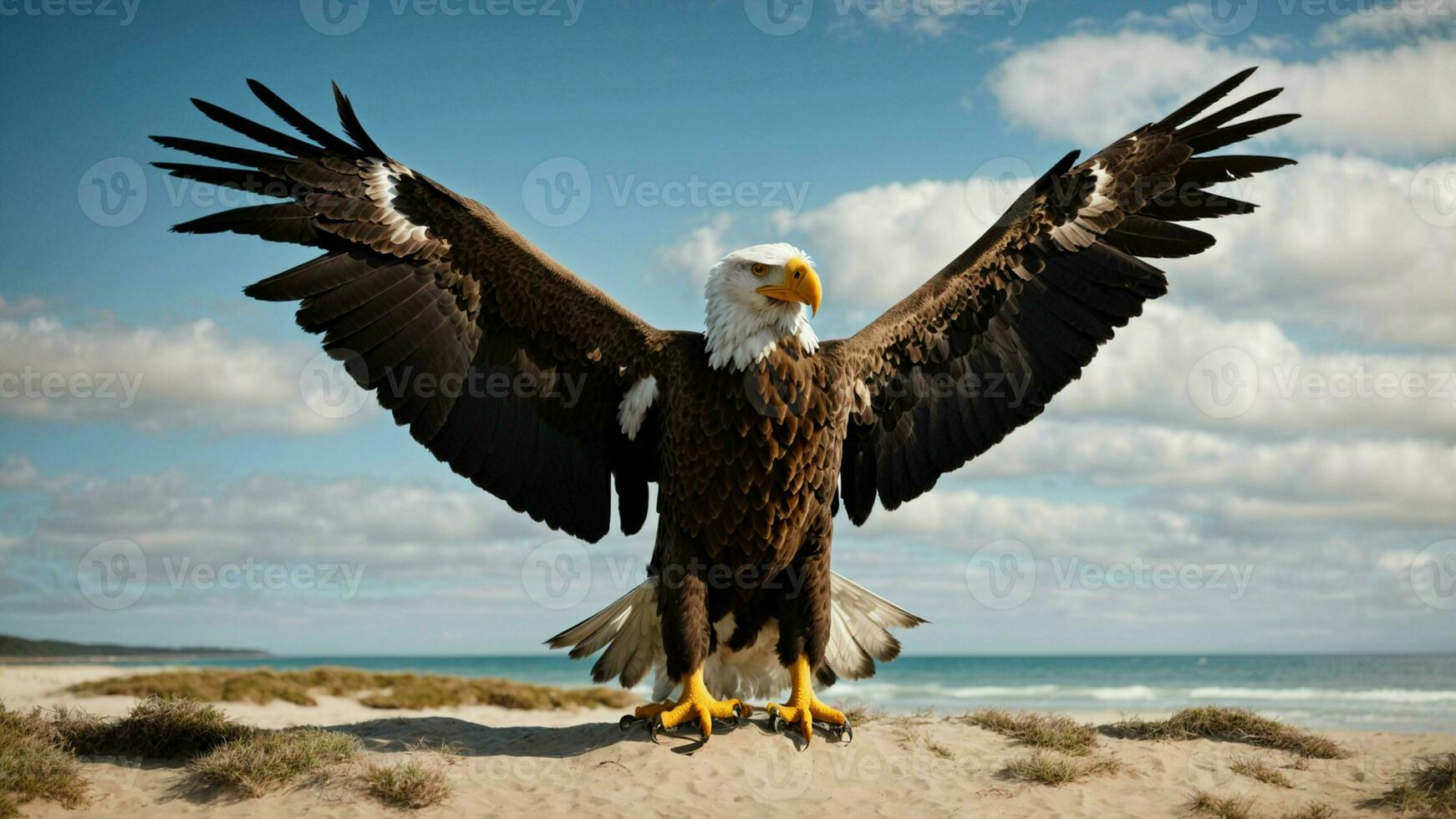 A beautiful summer day with blue sky and a lone Steller's sea eagle over the beach AI Generative photo