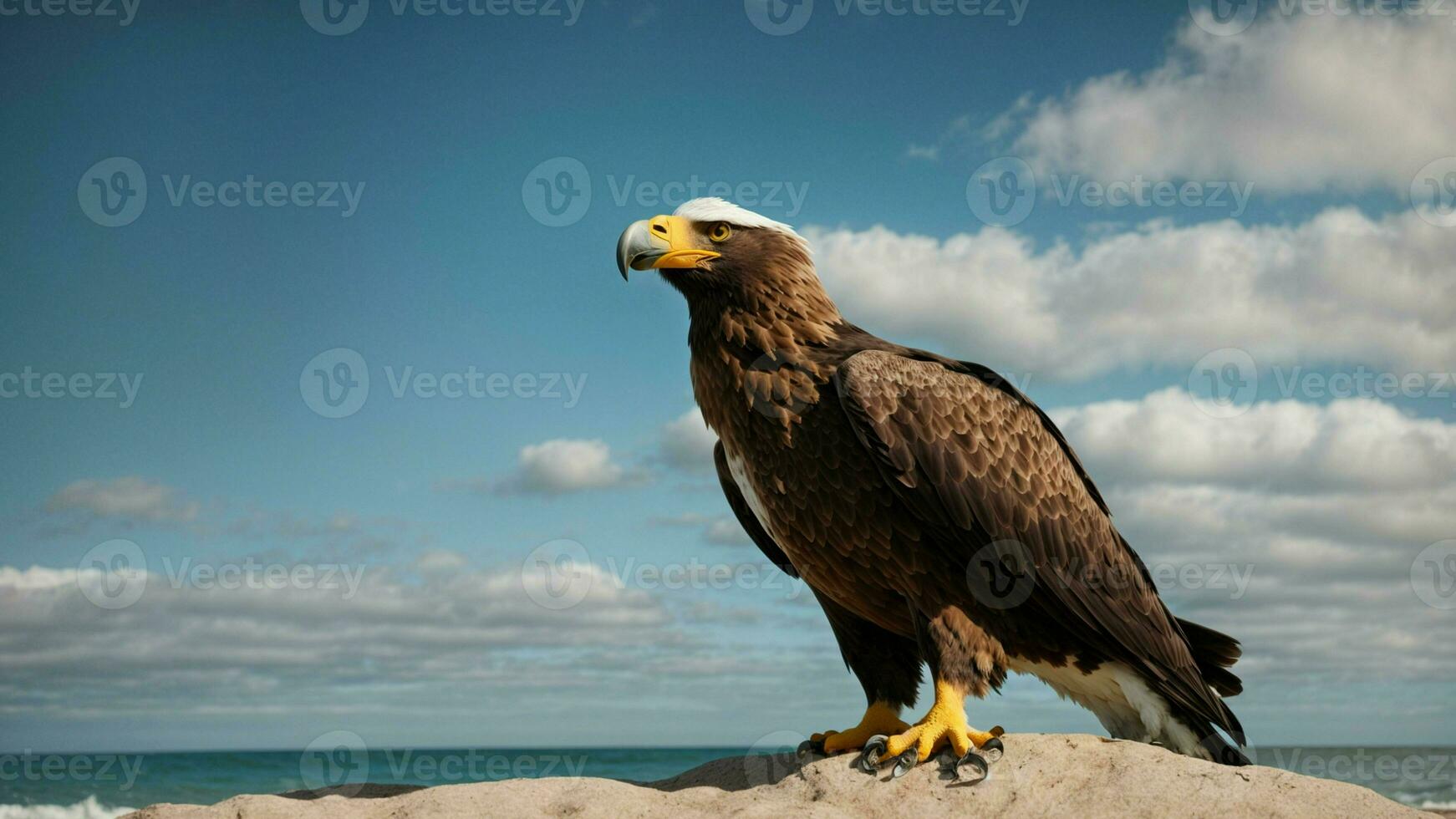 A beautiful summer day with blue sky and a lone Steller's sea eagle over the beach AI Generative photo
