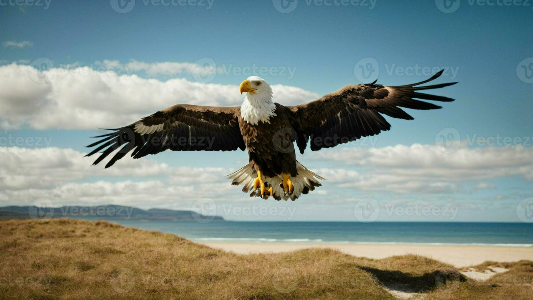 A beautiful summer day with blue sky and a lone Steller's sea eagle over the beach AI Generative photo