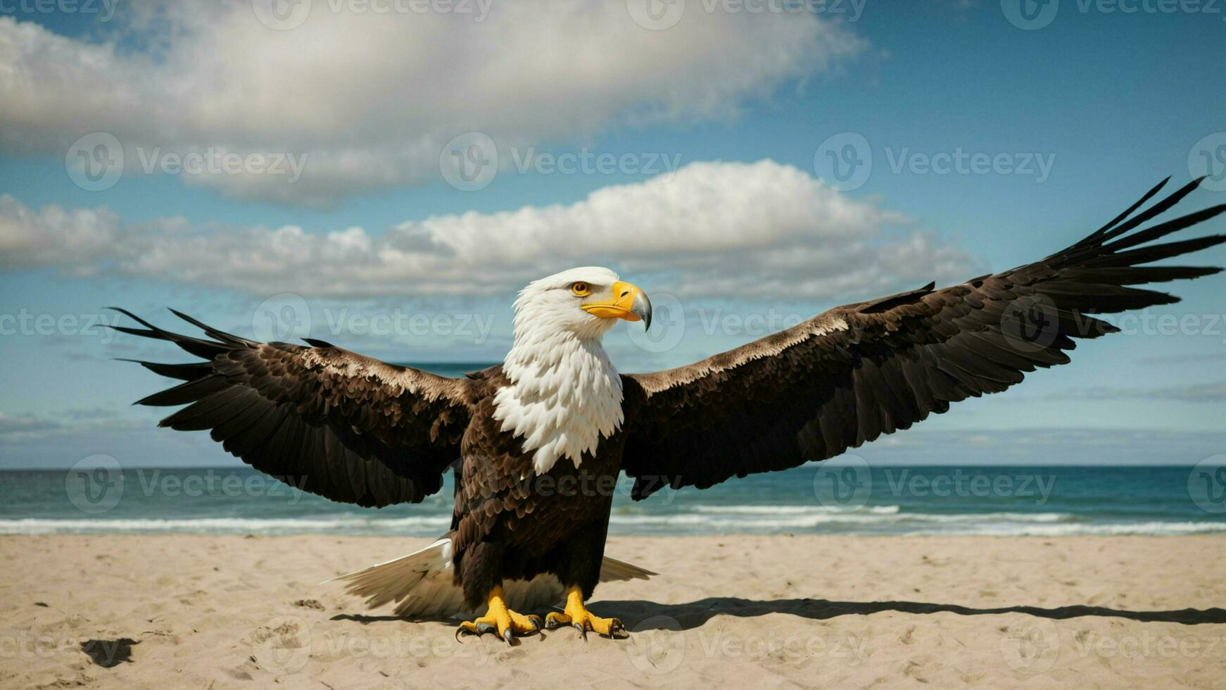 A beautiful summer day with blue sky and a lone Steller's sea eagle over the beach AI Generative photo