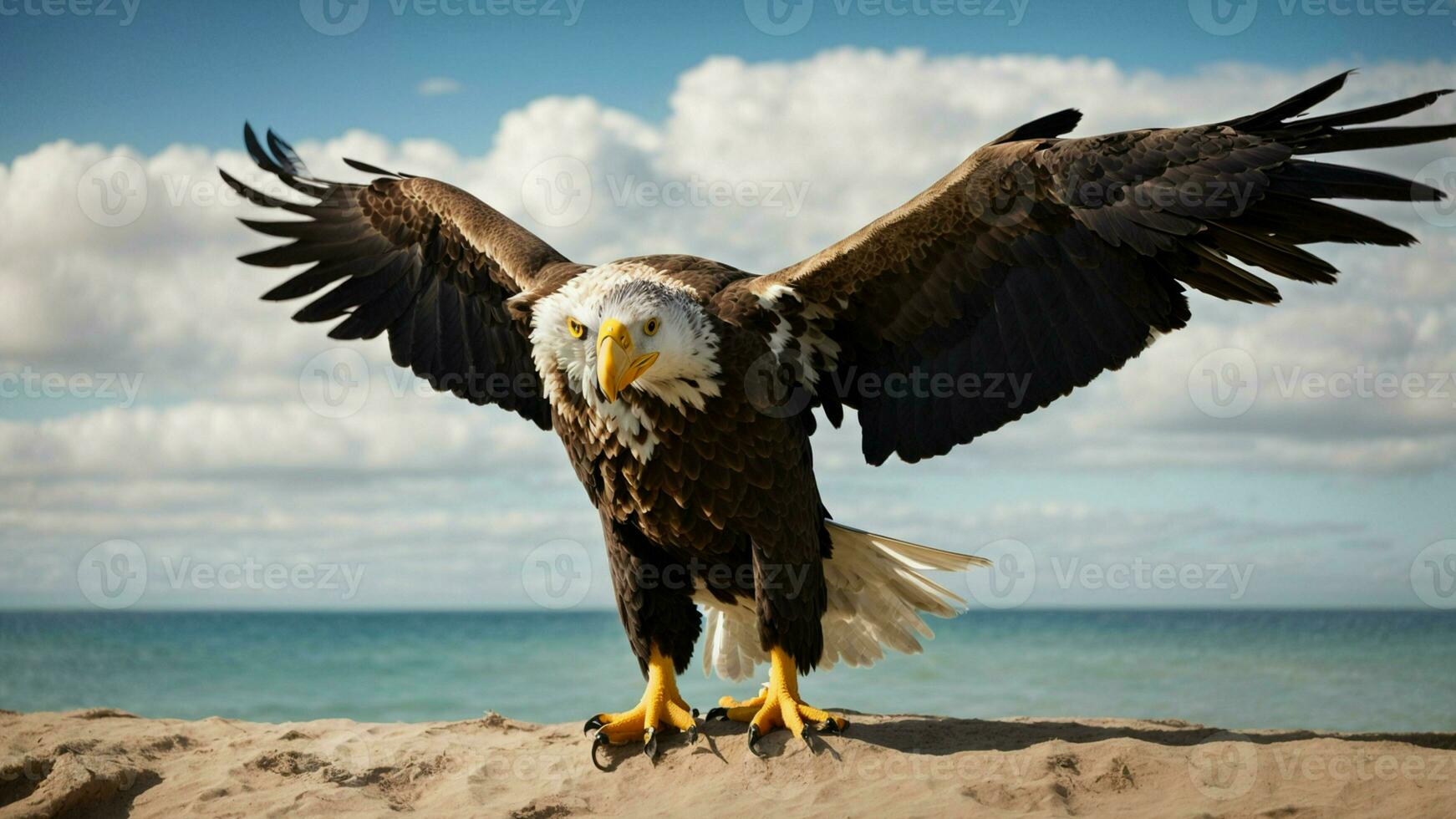 A beautiful summer day with blue sky and a lone Steller's sea eagle over the beach AI Generative photo