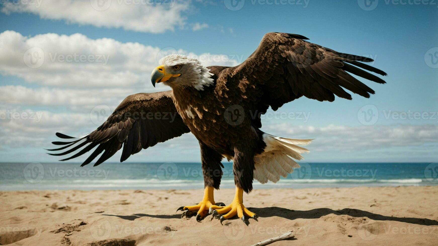 A beautiful summer day with blue sky and a lone Steller's sea eagle over the beach AI Generative photo