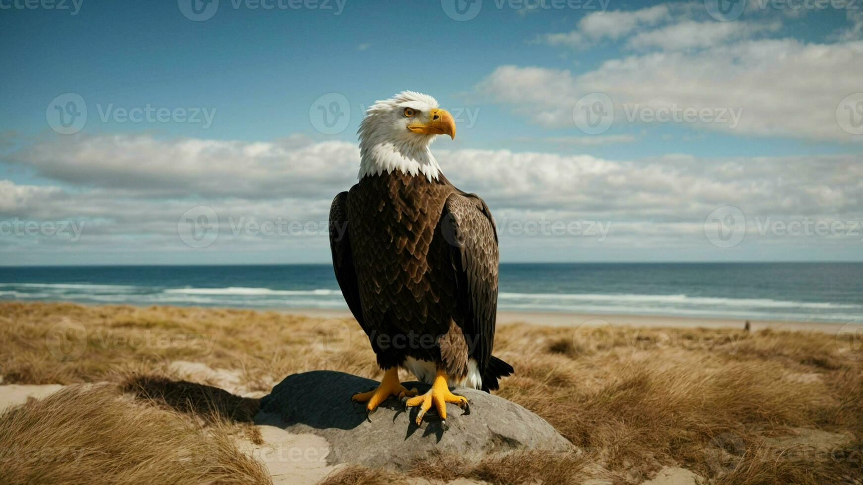 A beautiful summer day with blue sky and a lone Steller's sea eagle over the beach AI Generative photo