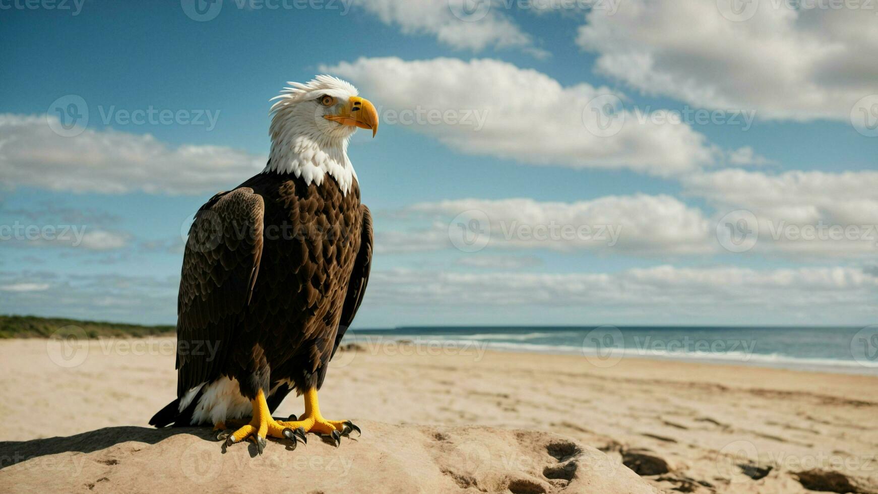 un hermosa verano día con azul cielo y un solitario de Steller mar águila terminado el playa ai generativo foto