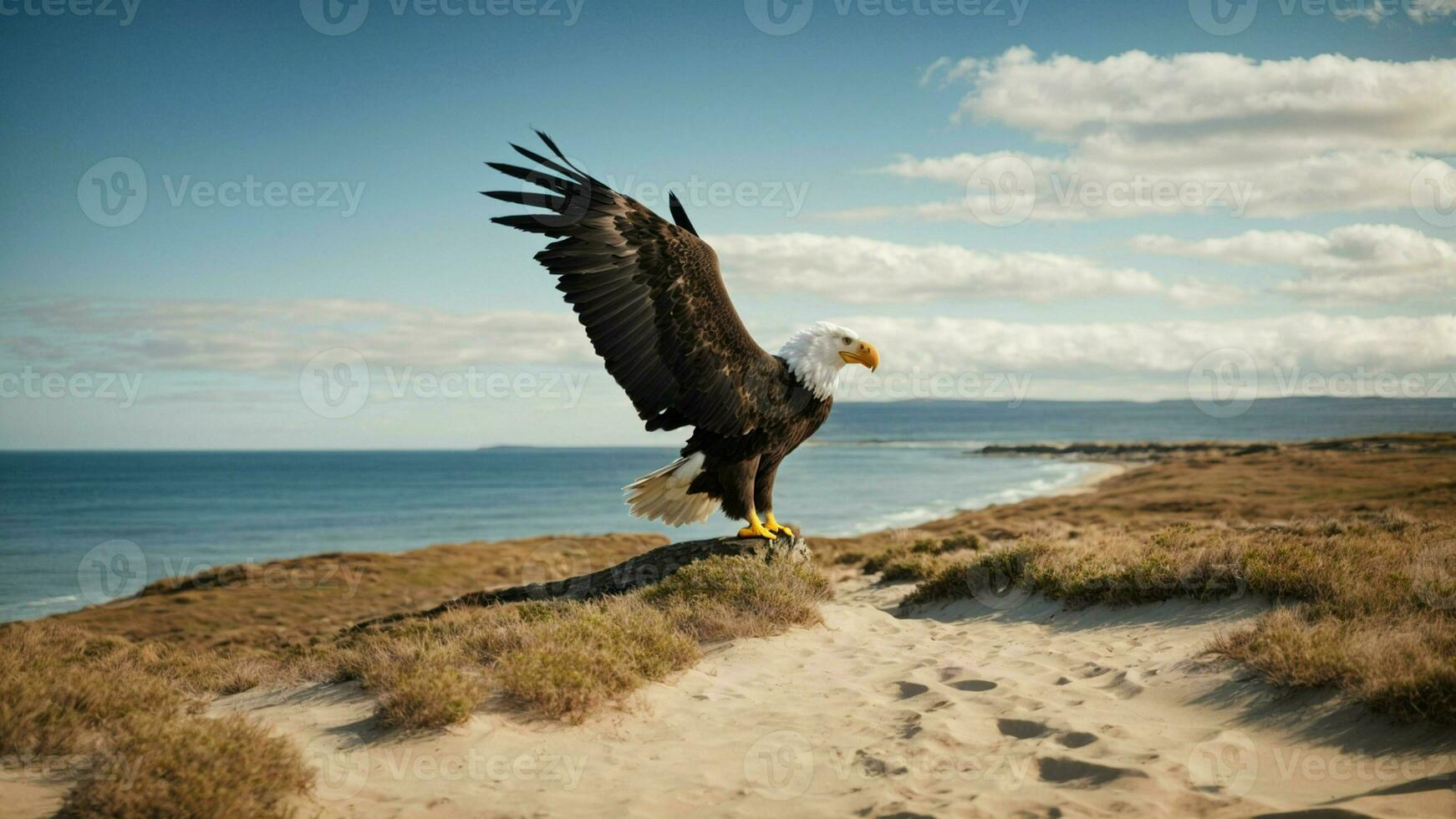 A beautiful summer day with blue sky and a lone Steller's sea eagle over the beach AI Generative photo