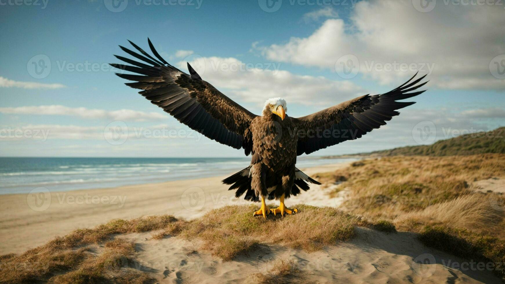 A beautiful summer day with blue sky and a lone Steller's sea eagle over the beach AI Generative photo
