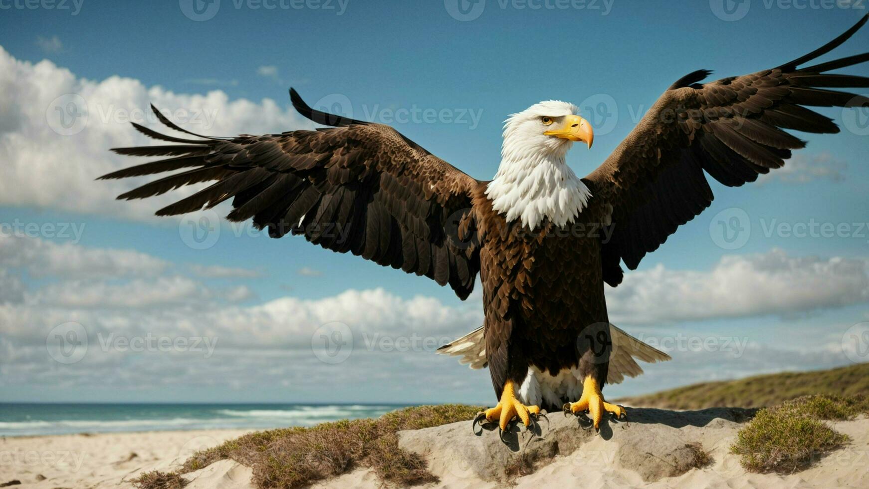 A beautiful summer day with blue sky and a lone Steller's sea eagle over the beach AI Generative photo