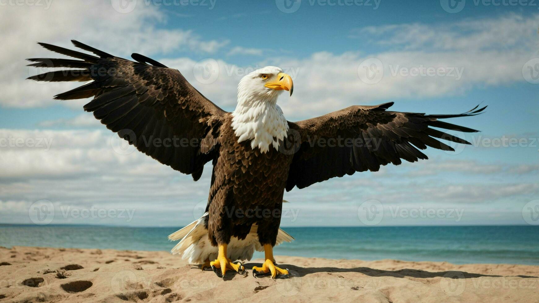 A beautiful summer day with blue sky and a lone Steller's sea eagle over the beach AI Generative photo