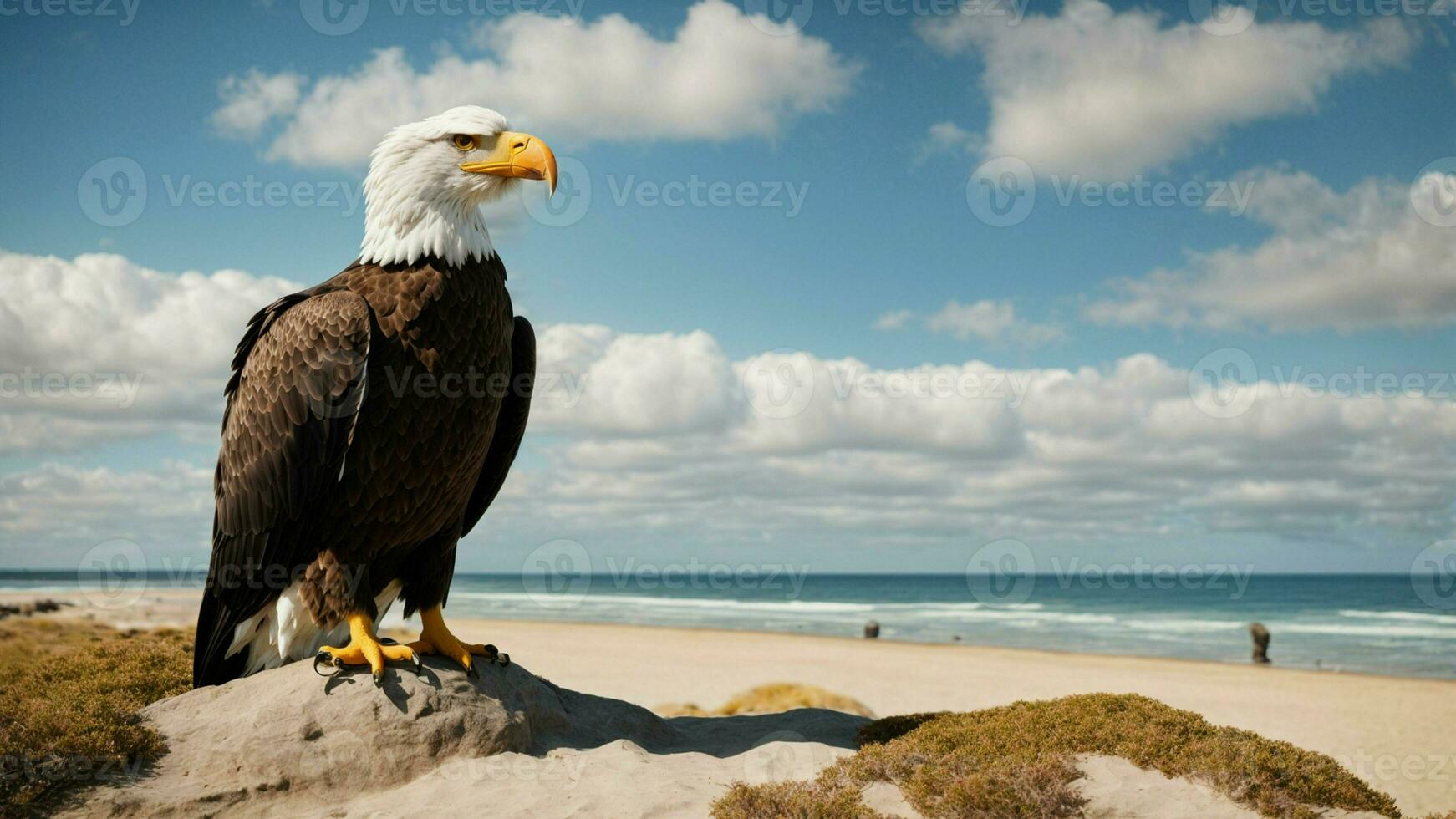 A beautiful summer day with blue sky and a lone Steller's sea eagle over the beach AI Generative photo