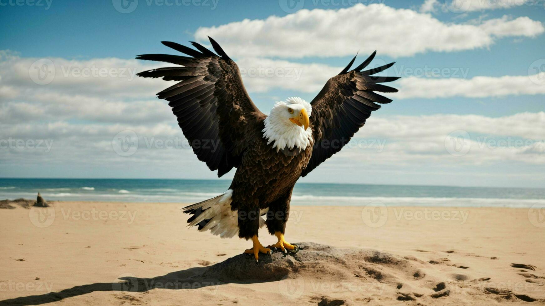 A beautiful summer day with blue sky and a lone Steller's sea eagle over the beach AI Generative photo