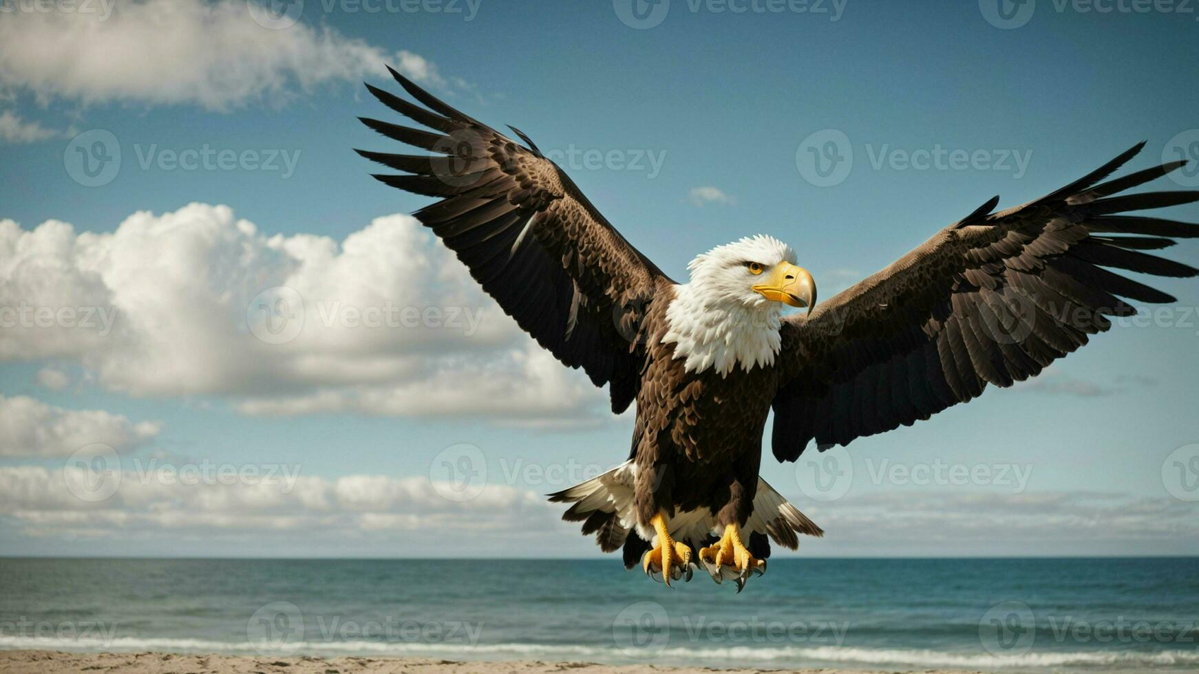 A beautiful summer day with blue sky and a lone Steller's sea eagle over the beach AI Generative photo