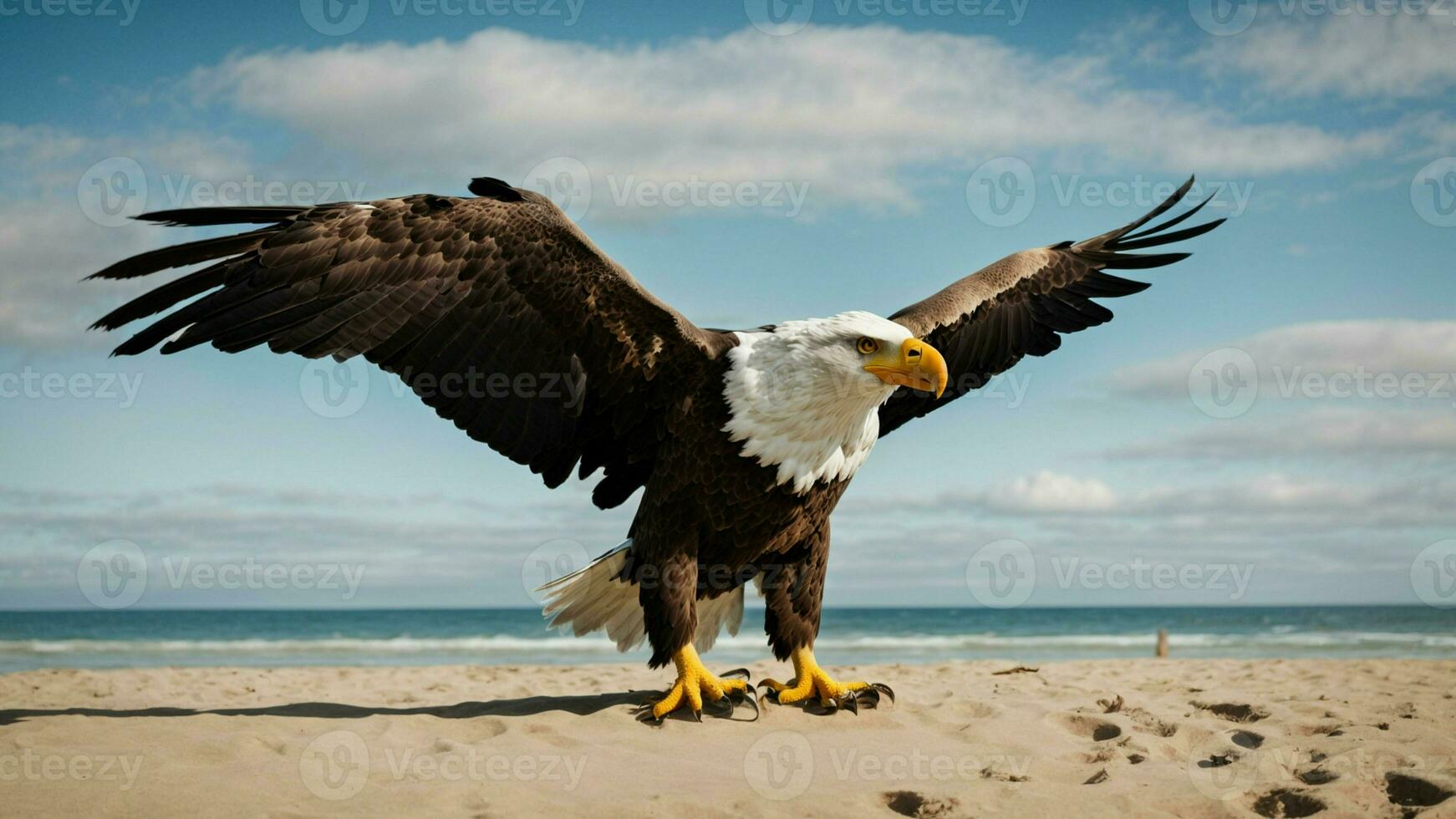 A beautiful summer day with blue sky and a lone Steller's sea eagle over the beach AI Generative photo