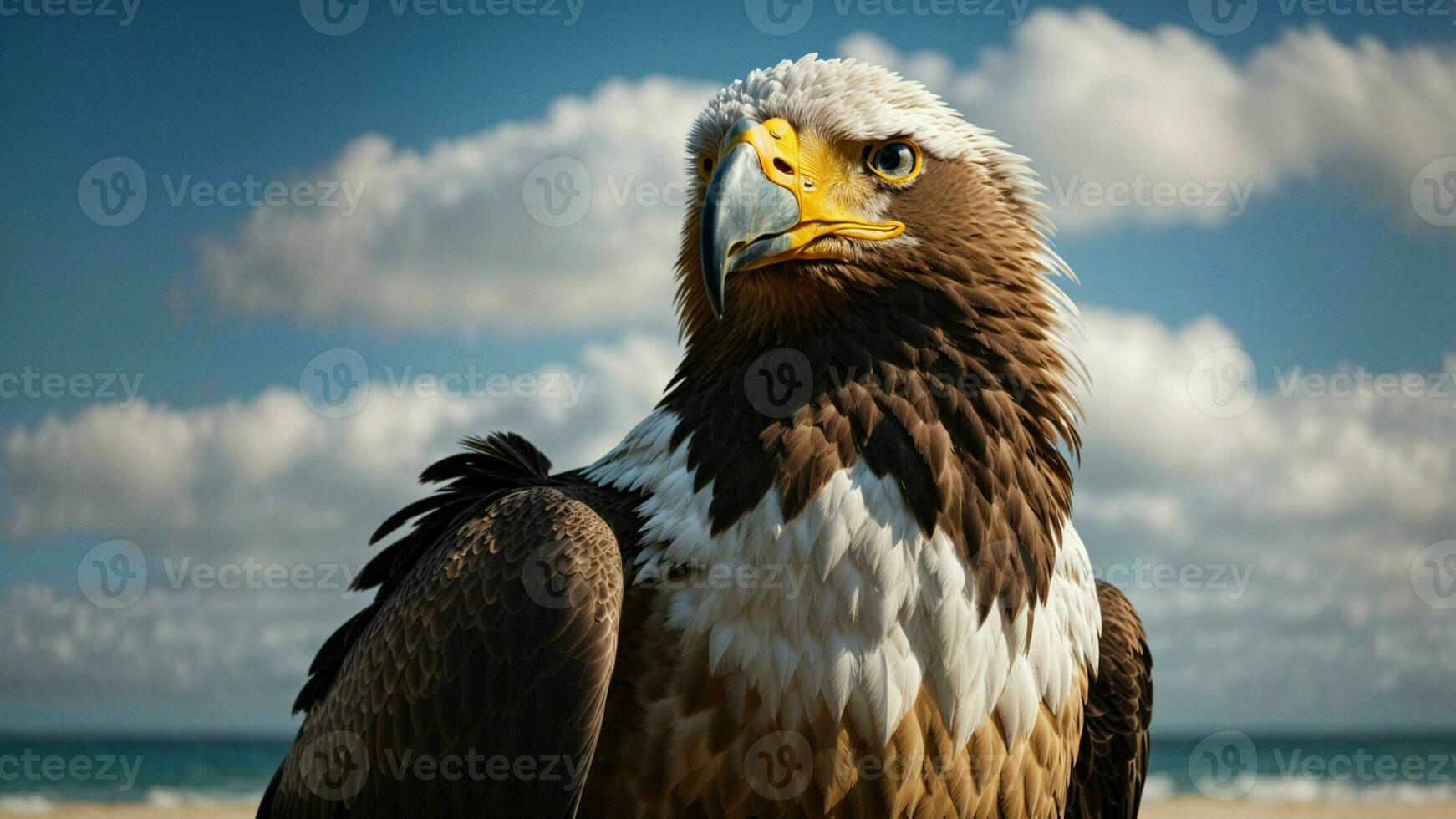 A beautiful summer day with blue sky and a lone Steller's sea eagle over the beach AI Generative photo