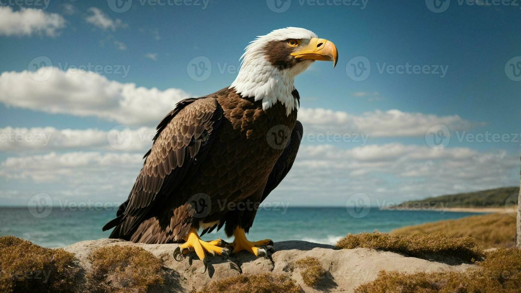 A beautiful summer day with blue sky and a lone Steller's sea eagle over the beach AI Generative photo