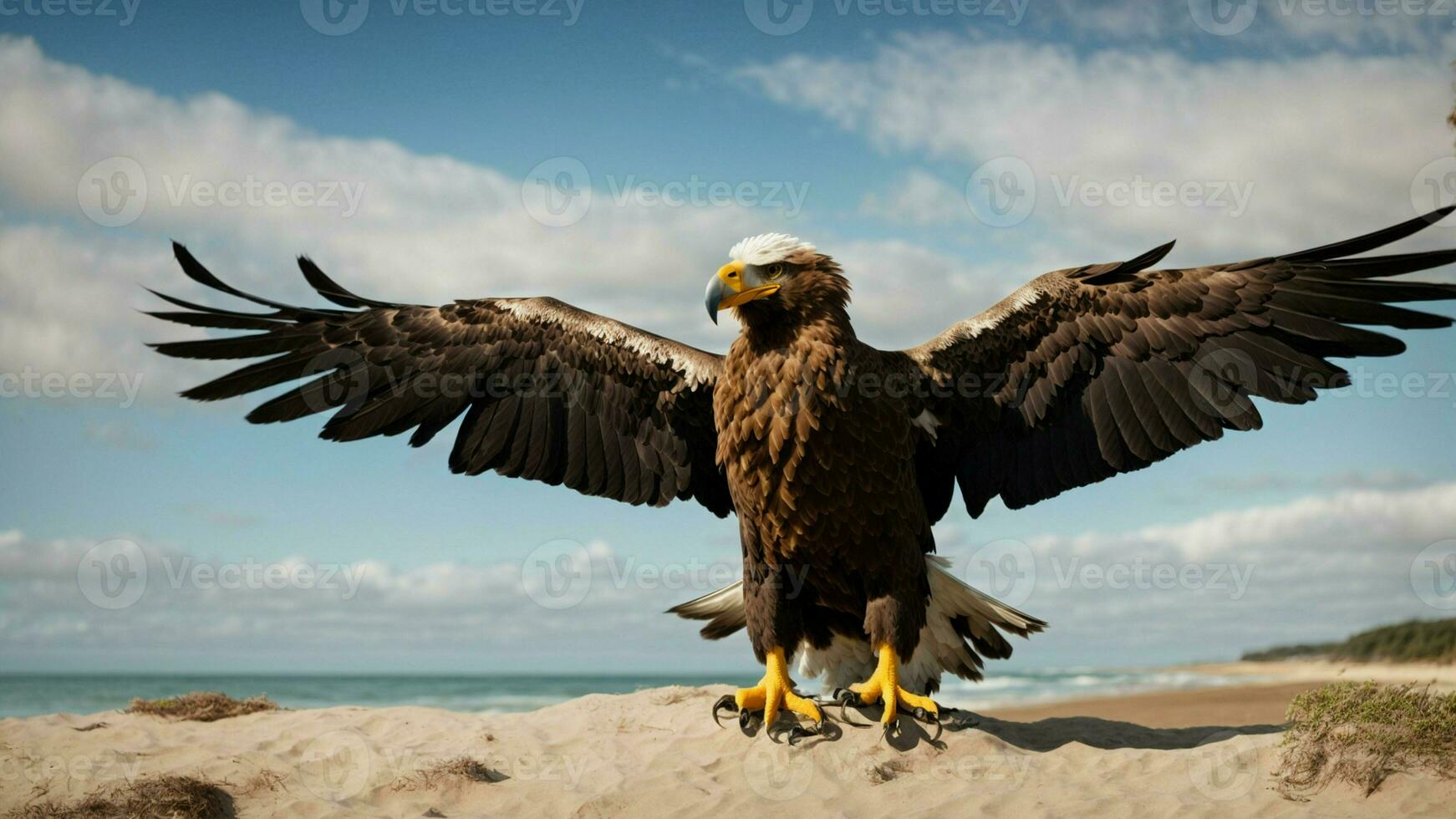 A beautiful summer day with blue sky and a lone Steller's sea eagle over the beach AI Generative photo